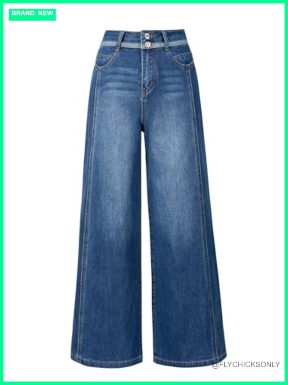 Women's Wide Leg High Rise Jeans Contrast Waistband Business Casual Denim